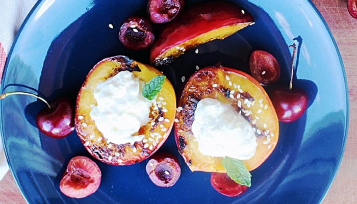 Grilled Peaches with Ginger Yogurt Sauce
