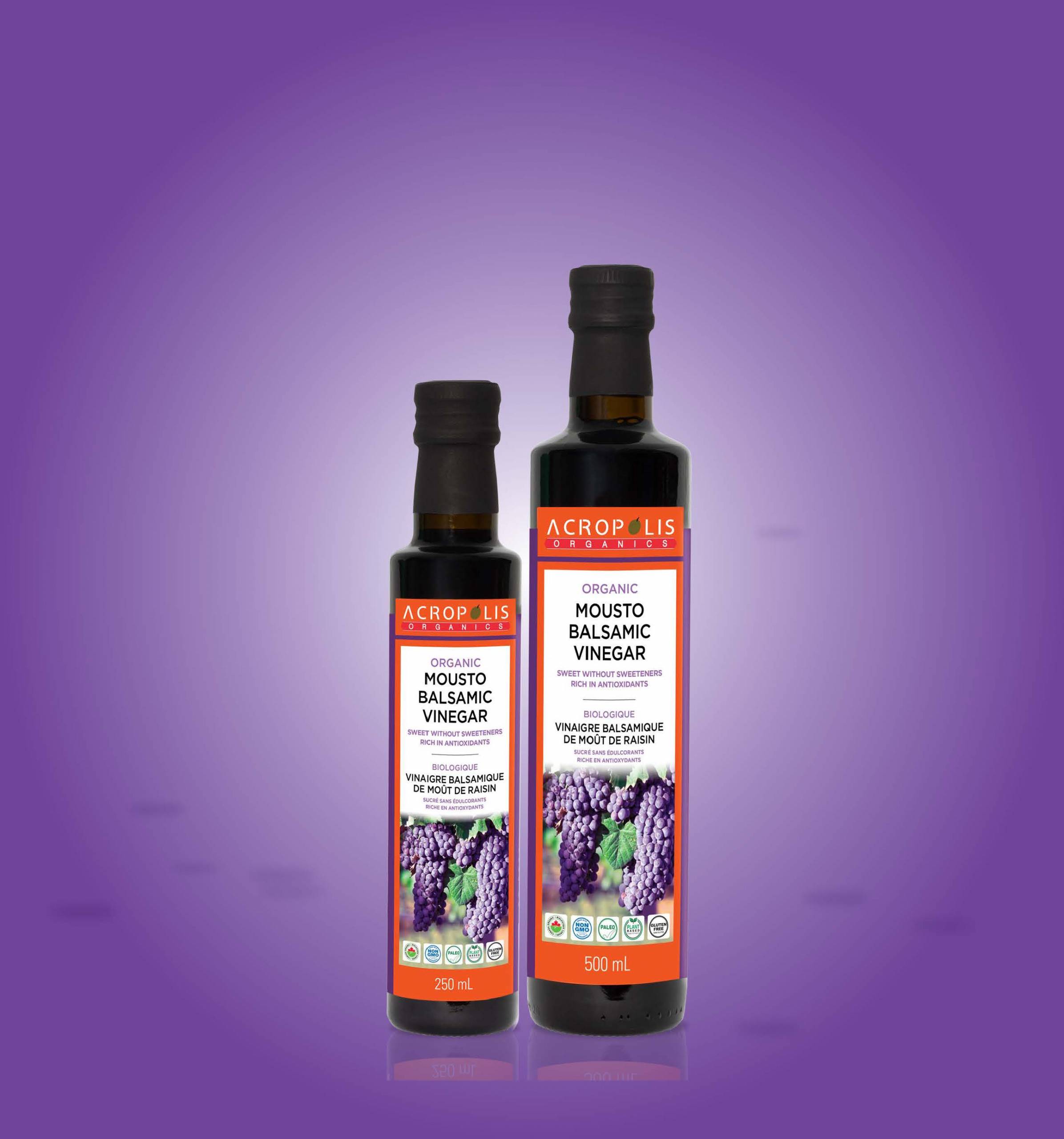 Acropolis Organics Organic Mousto Balsamic Vinegar product phtoto with purple background