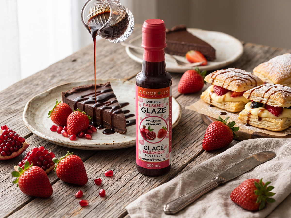 Product organic balsamic glaze with pomegranate an strawberry